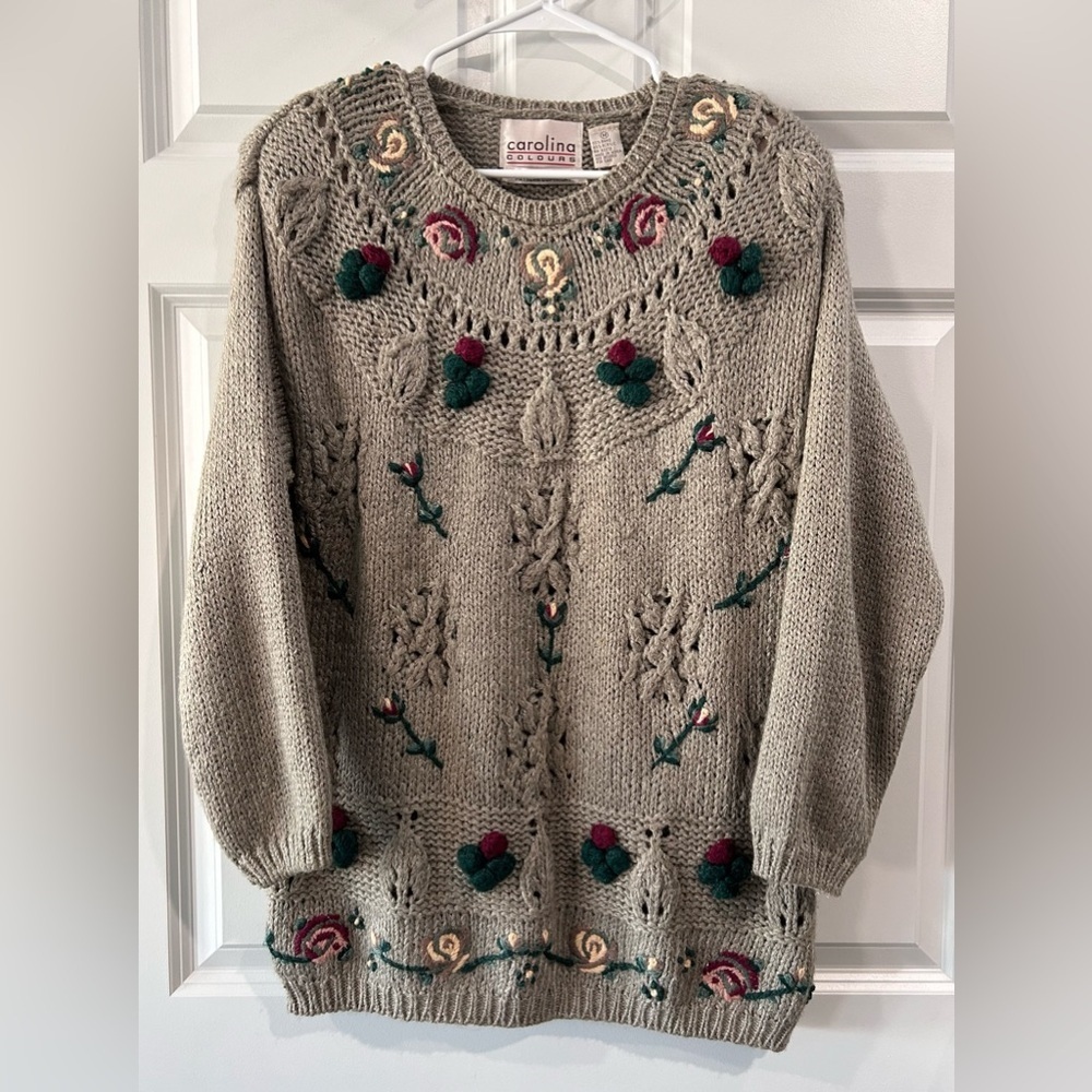 Vtg‎ 90s Carolina Colours Chunky Hand Knit Sweater Sz M Cottage Floral Textured